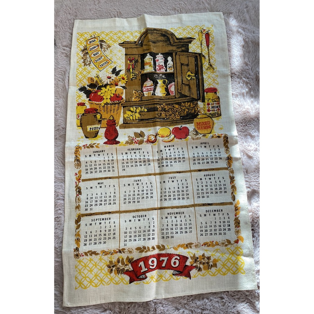 Vintage 1976 Calendar Tapestry/Towel Country  Style Kitchen Cabinet with Spices